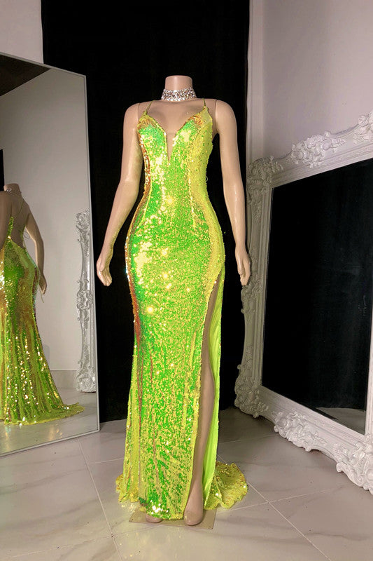 Light Green Prom Dress with Sequins Sleeveless V Neck Slit Halter