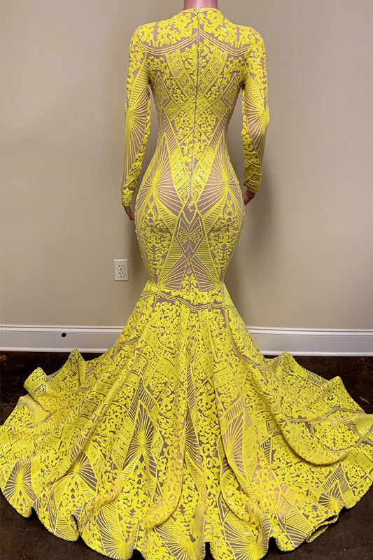 Yellow Long Sleeve Evening Dress with Appliques - Mermaid