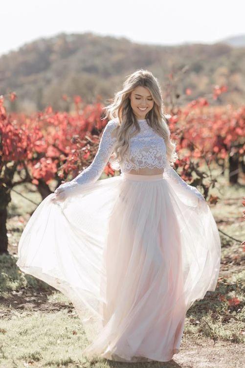 Bmbride Blush Pink Boho Beach Wedding Dress with Long Sleeves