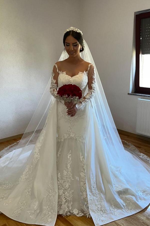 Bmbride White Long Mermaid Jewel Tulle Lace Wedding Dress with Sweep Train