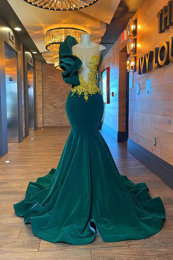 Dark Green Sleeveless One Shoulder Evening Dress with Appliques