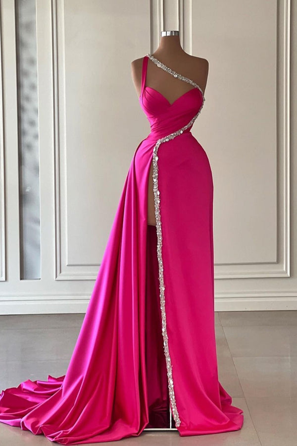 Fuchsia One Shoulder Evening Dress with Slit Beadings and Pleats