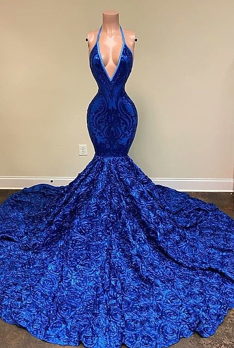 Royal Blue Halter Sleeveless Sequins Prom Dress Mermaid With Floral Bottom