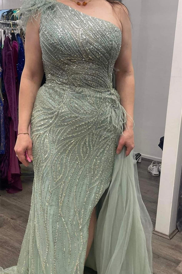 One Shoulder Mermaid Evening Dress with Beadings Slit in Dusty Sage