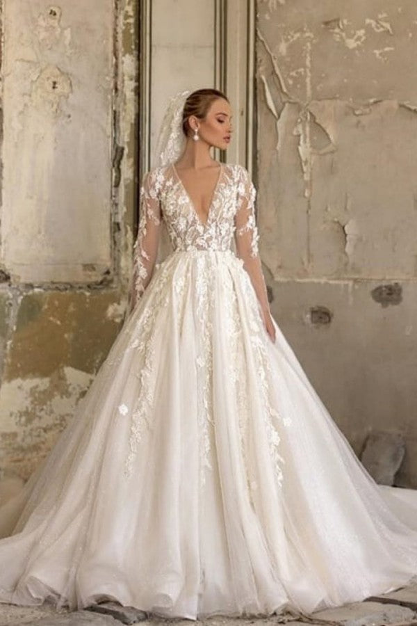 Bmbride Elegant Deep V-neck Long Sleeve Appliques Lace Ruffles Tulle A-Line Floor-length Bridal Gown