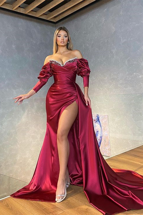 Prom Dress: Burgundy Long Sleeves Mermaid with Slit