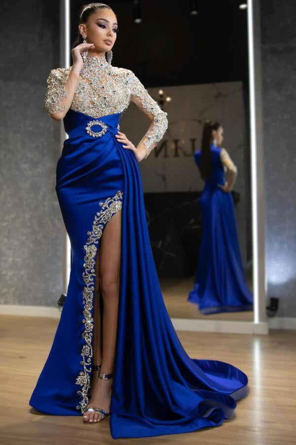 Mermaid Prom Dress with Ruffles Royal Blue Long Sleeves Beadings