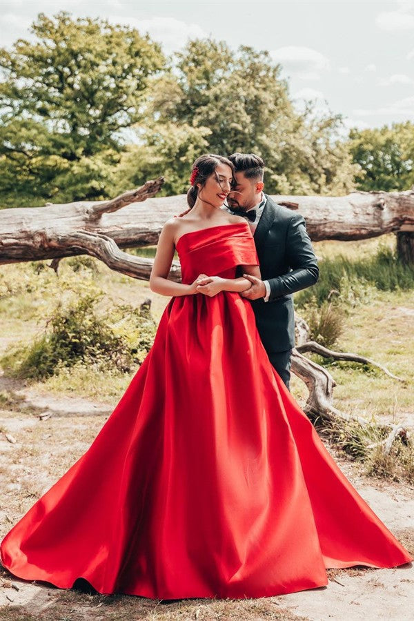 Bmbride Gorgeous Red Long A-line One Shoulder Satin Wedding Dresses