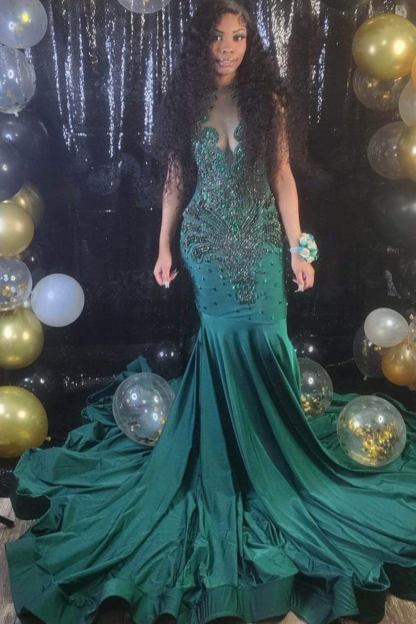 Emerald Green Evening Dress with Appliques Long Mermaid Style Rhinestone Embellishments