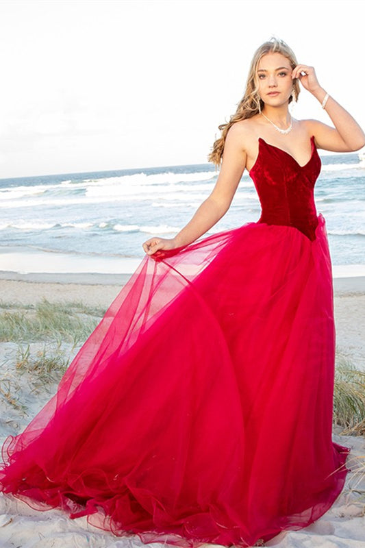 Burgundy Tulle V-Neck Prom Dress Velvet