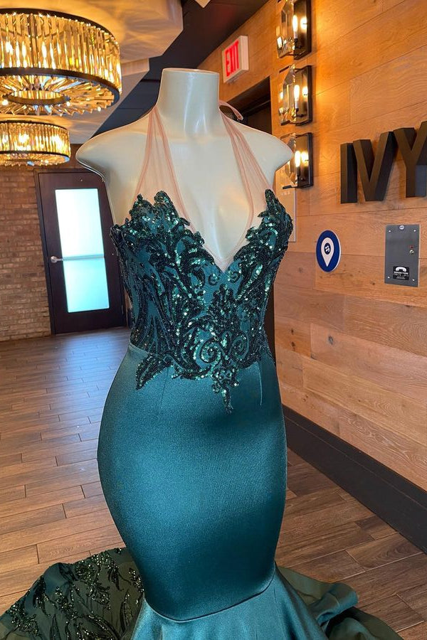 Elegant Evening Dress Dark Green Halter Sleeveless Appliques