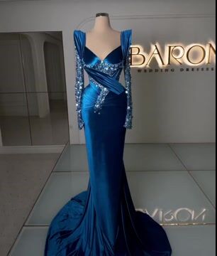 Royal Blue Long Sleeves Mermaid Charmeuse Beadings Prom Dress