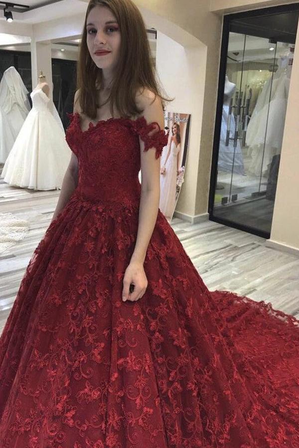 Bmbride Formal Prom Dress Burgundy Long A-line Off the Shoulder Lace