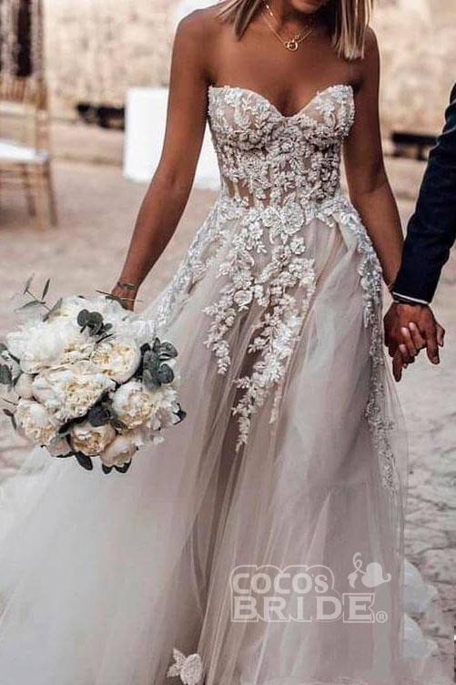 Bmbride Sweetheart Tulle Long Beach Charming Appliques Wedding Dress