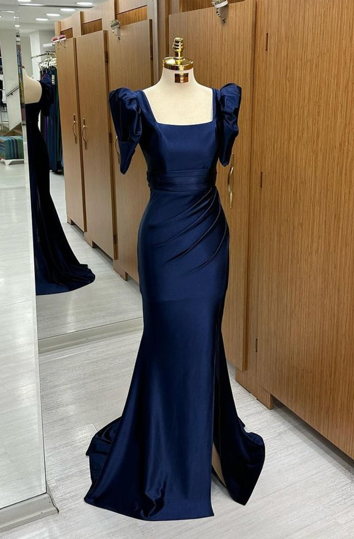 Long Royal Blue Mermaid Prom Dress with Bubble Sleeves and Square Neckline Slit