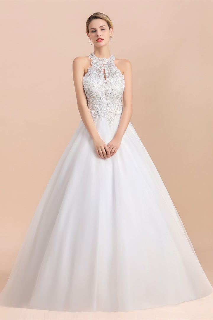 Bmbride Sleeveless Wedding Dress with Halter Lace Appliques and A-line Sequins