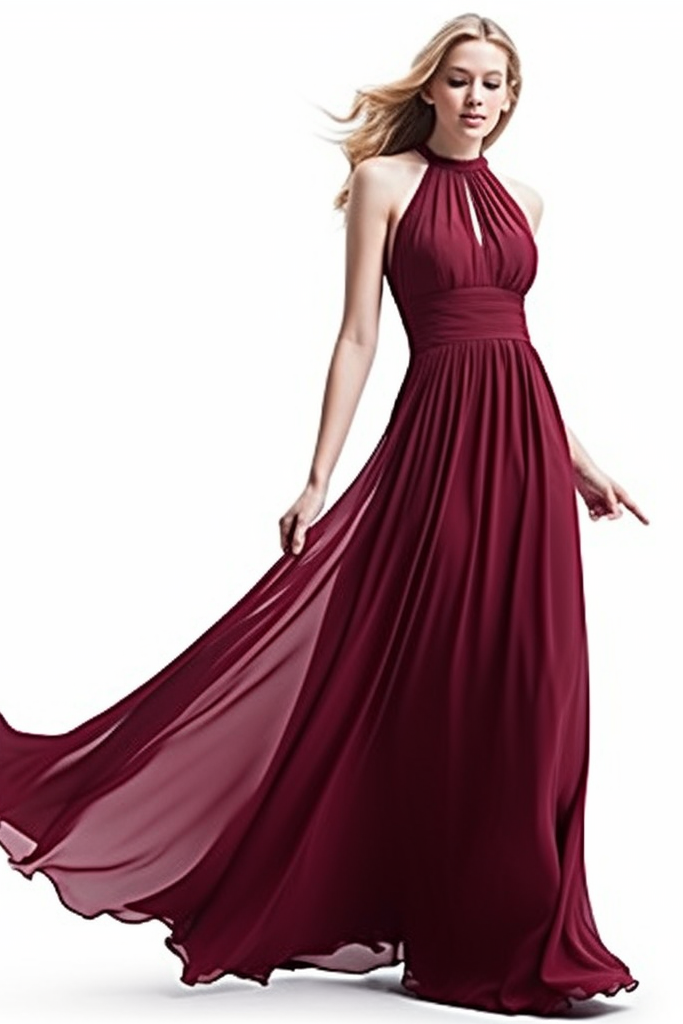 Purple Halter Chiffon Prom Dress with Sleeveless and Long Pleated design