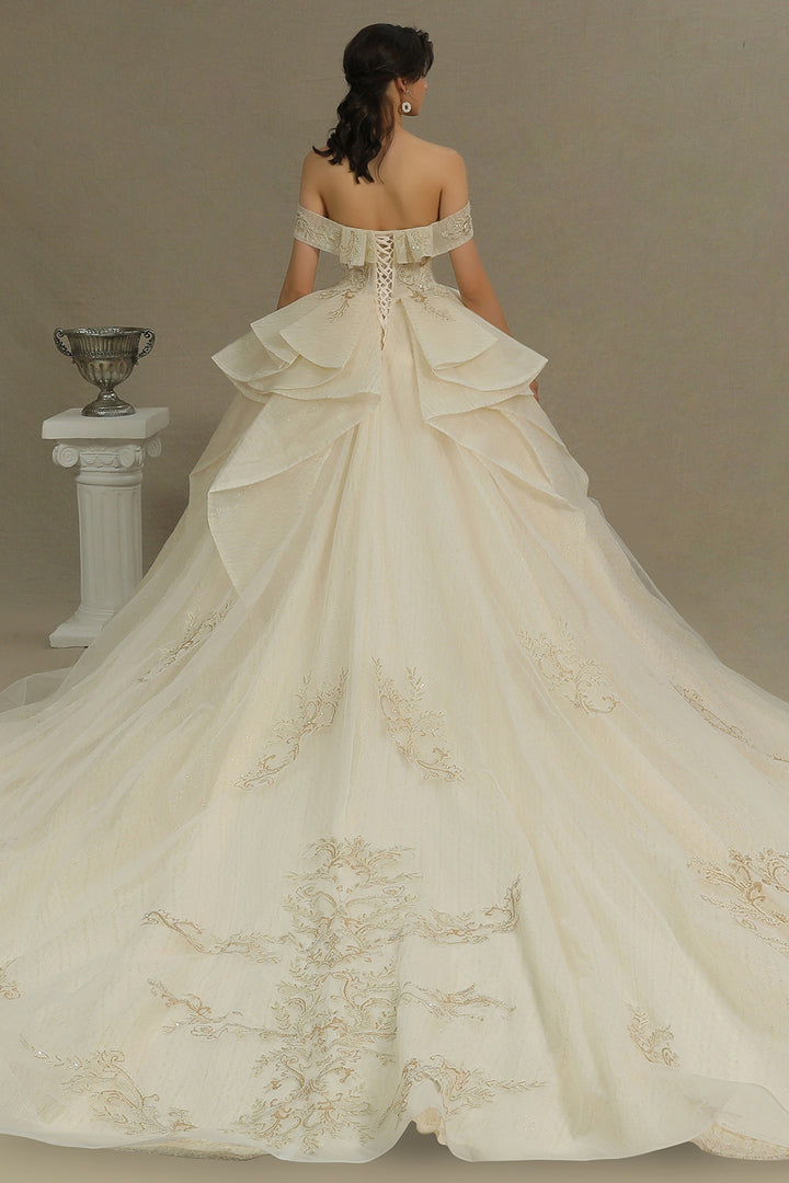 Bmbride Luxury Wedding Dresses Ivory Off-the-Shoulder Ball Gown with Floral Appliques