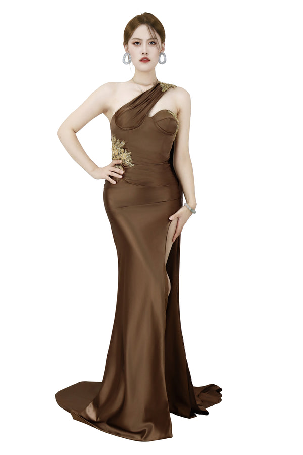 Brown One Shoulder Sleeveless Long Prom Dress With Slit