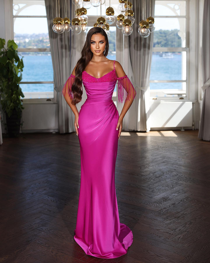 Charming Fuchsia Evening Dress: Spaghetti Strap with Pleated Tassel Sequins