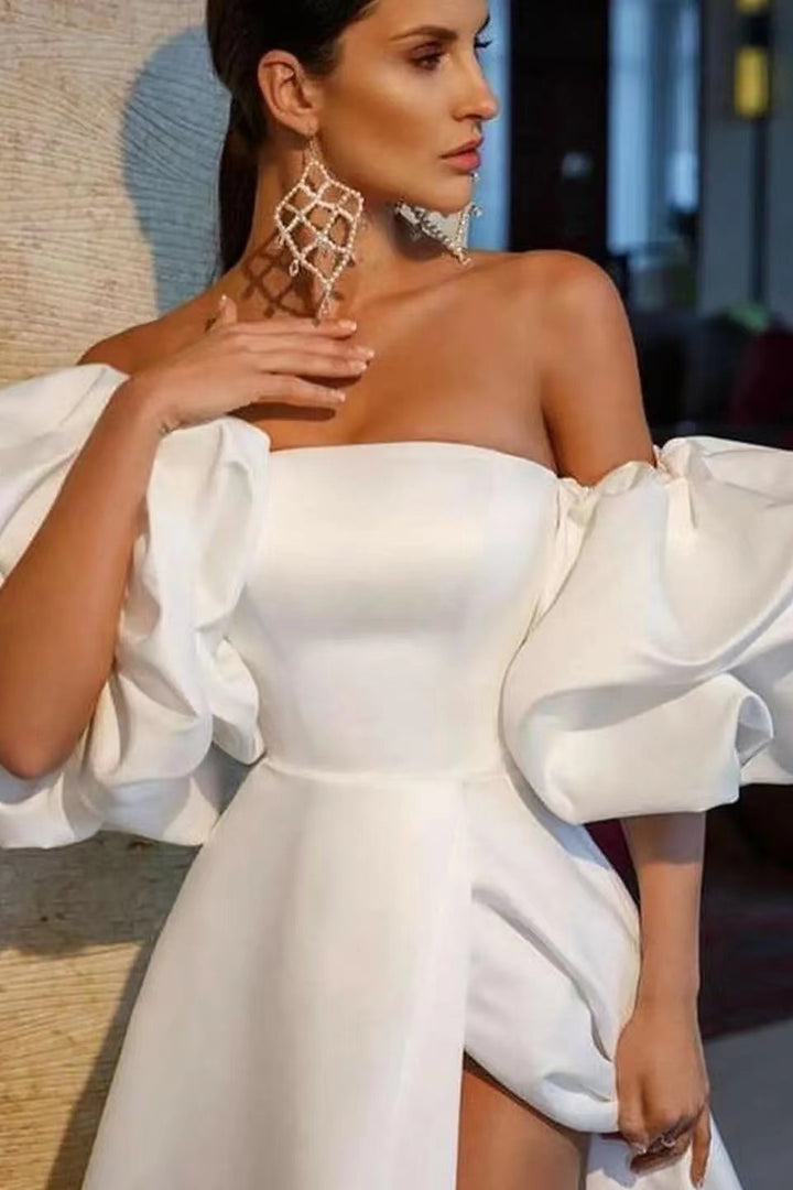 Off-The-Shoulder White Evening Dress With Bubble Sleeves and Slit