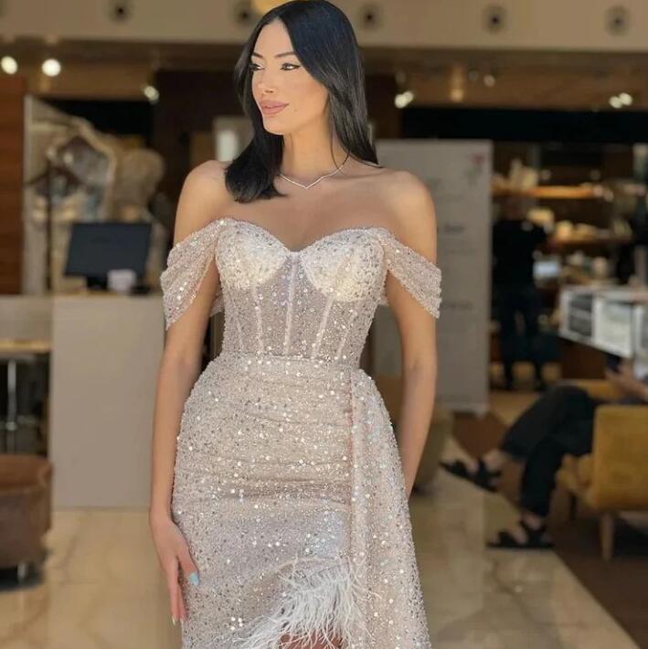 Charming Champagne Sequins Prom Dress Feather Off-The-Shoulder