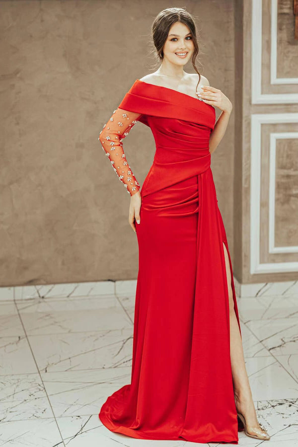 Red Long Sleeves One Shoulder Prom Dress Split Mermaid With Beadings