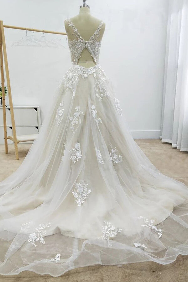 Bmbride Appliques Tulle Chapel Train Wedding Dress