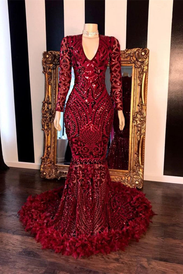 Feather Sequins Mermaid Prom Dress - V Neck Long Sleeves Burgundy