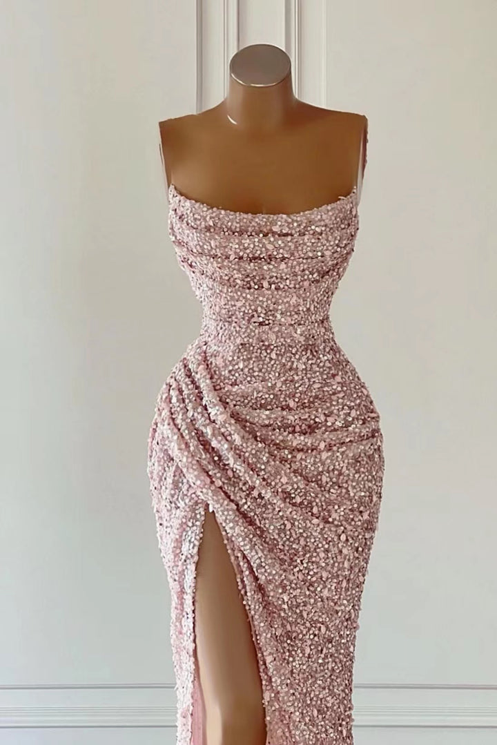 Strapless Mermaid Sequins Evening Dress With Slit