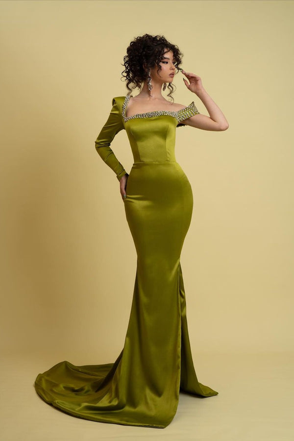 Charmeuse One Shoulder Mermaid Prom Dress - Sage Green With Slit