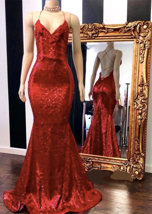 Sequined Red Spaghetti-Straps Mermaid Long Prom Dress