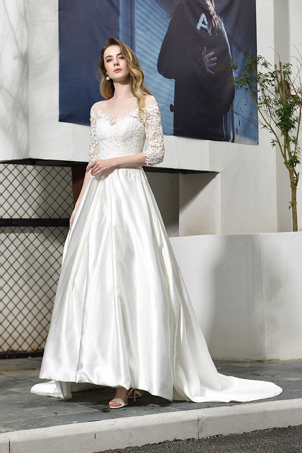 Bmbride Lace-up A-Line Applique Satin Wedding Dress