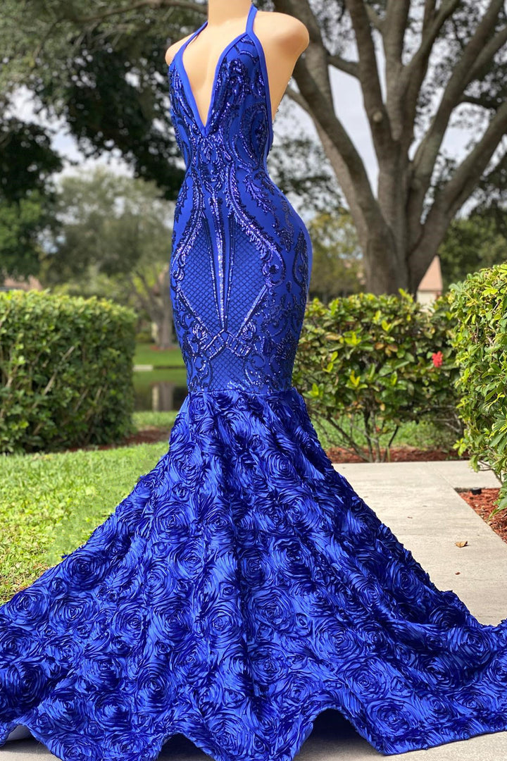 Royal Blue Halter V Neck Open Back Mermaid Sleeveless Prom Dress