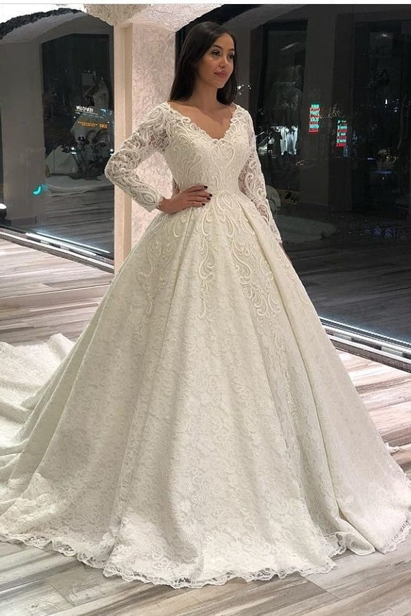 Bmbride Vintage A-line Deep V-neck Long Sleeve Appliques Lace Floor-length Wedding Dress