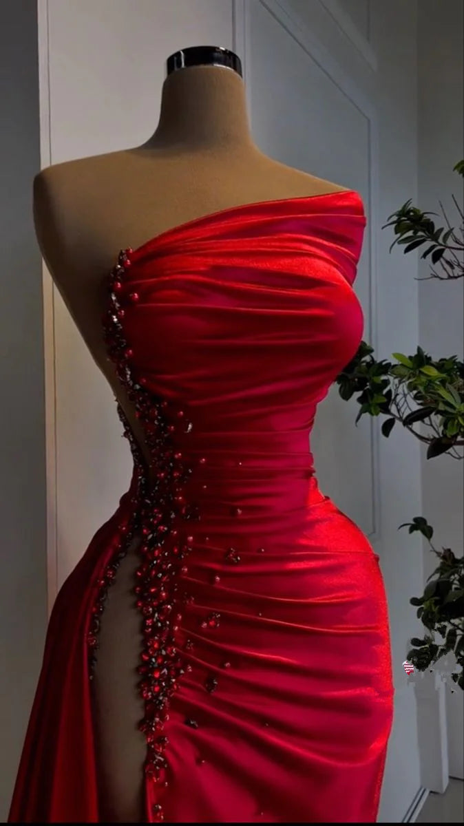 Strapless Prom Dress - Red Pearl Long Slit Sleeveless