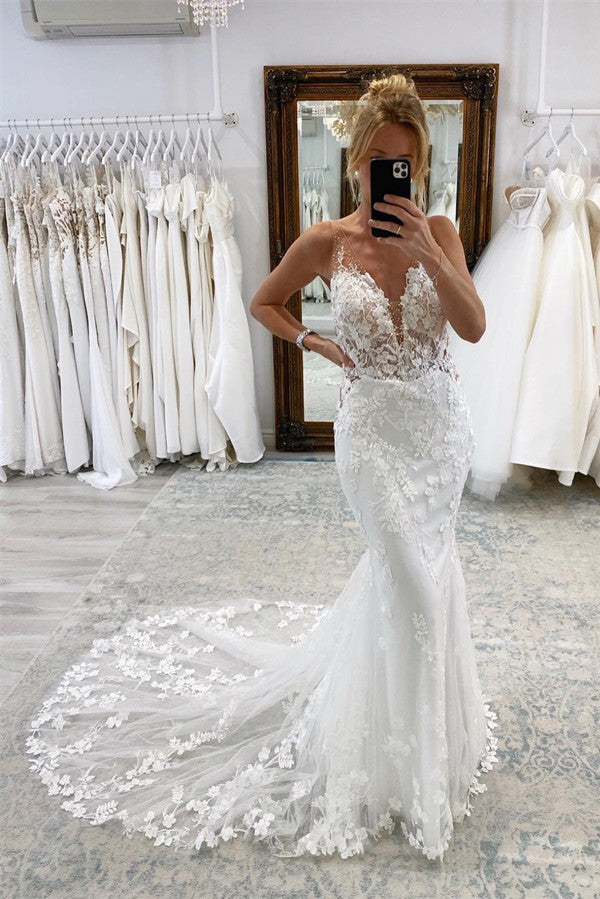 Bmbride Floor Length Chapel Train V-neck Mermaid Wedding Dress