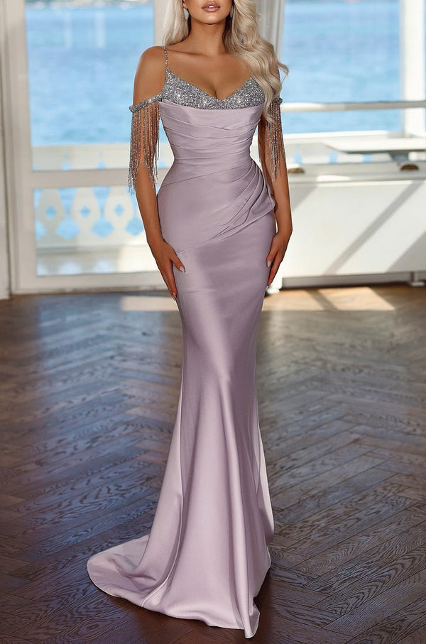 Lavender Evening Dress with Spaghetti Straps Sequins and Tassel