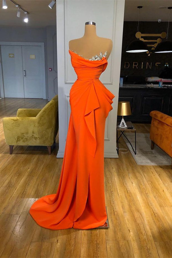 Orange Sequins Mermaid Strapless Prom Dress With Sleeveless