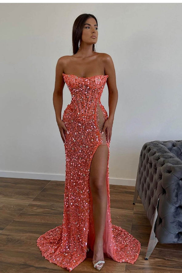 Orange Sequins Mermaid Sweetheart Prom Dress with Split and Sleeveless