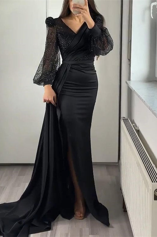 V-Neck Long Sleeves Mermaid Split Evening Dress With Ruffle Featuring Sequins