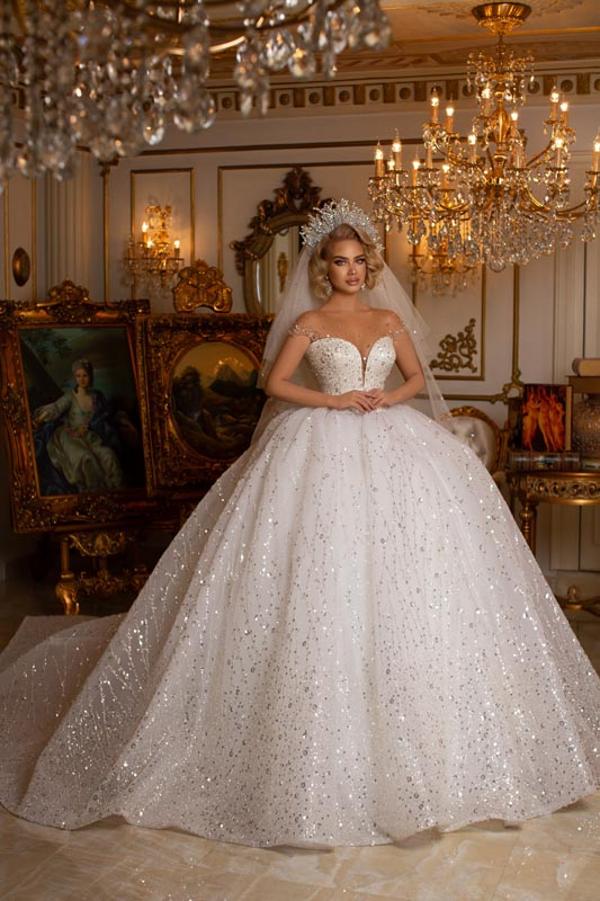 Bmbride Sweetheart Off Shoulder Floor Length Lace Ball Gown Wedding Dress with Appliques