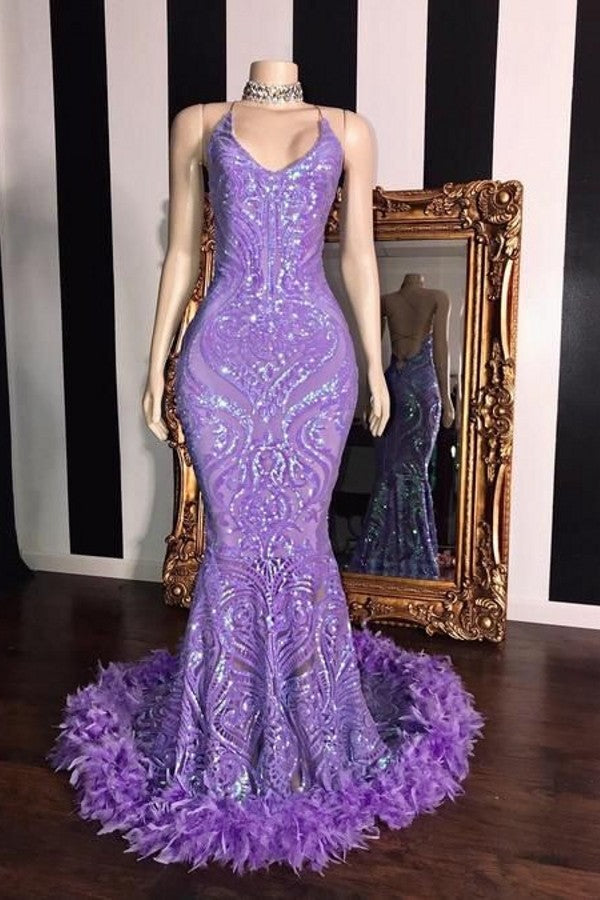 Sleeveless Sequins Lace Prom Dress Mermaid With Feather