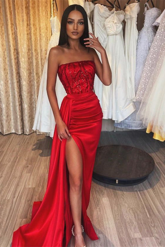 Sequined Red Prom Dress with High Split