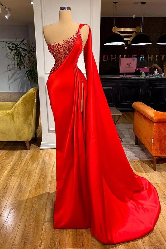 Mermaid Prom Dress with Red Ruffles Split and Beading