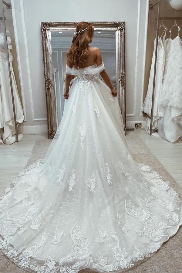 Bmbride White Long A-line Off the Shoulder Tulle Lace Wedding Dress