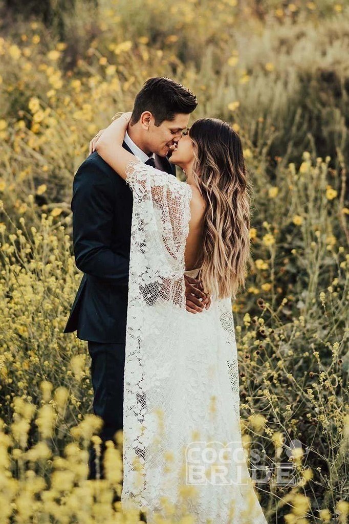 Bmbride Boho Ivory Wedding Dress with Batwing Sleeves and Rustic Lace Back