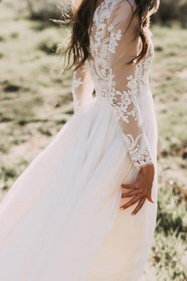 Bmbride Long Sleeve Appliques Chiffon A-line Wedding Dress