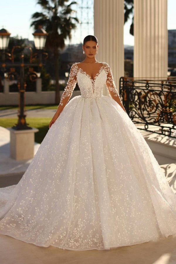 Bmbride Ball Gown Sweetheart Tulle Lace Appliques Wedding Dress with Sleeves