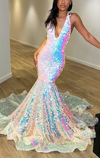 Sequins Halter Evening Dress with V Neck Mermaid Tulle